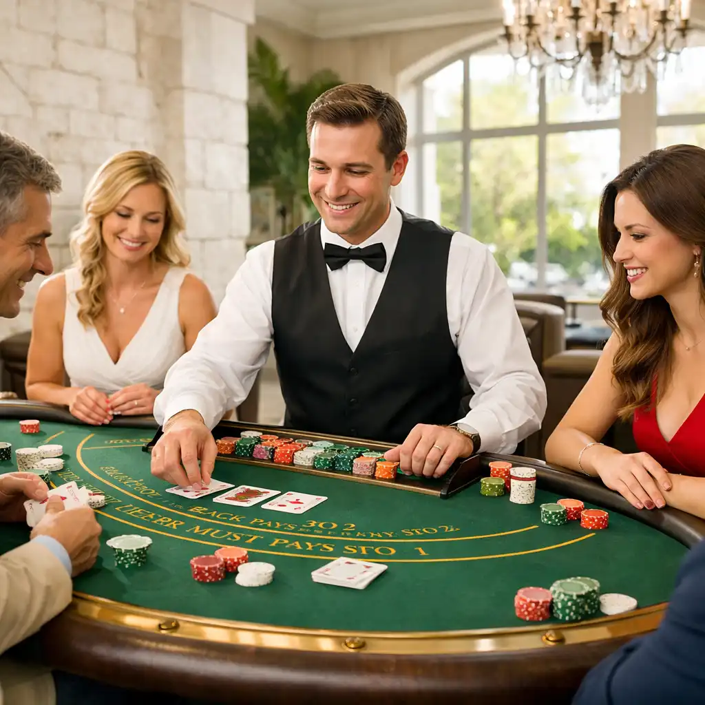 Blackjack table with professional dealer and players in a bright casino environment