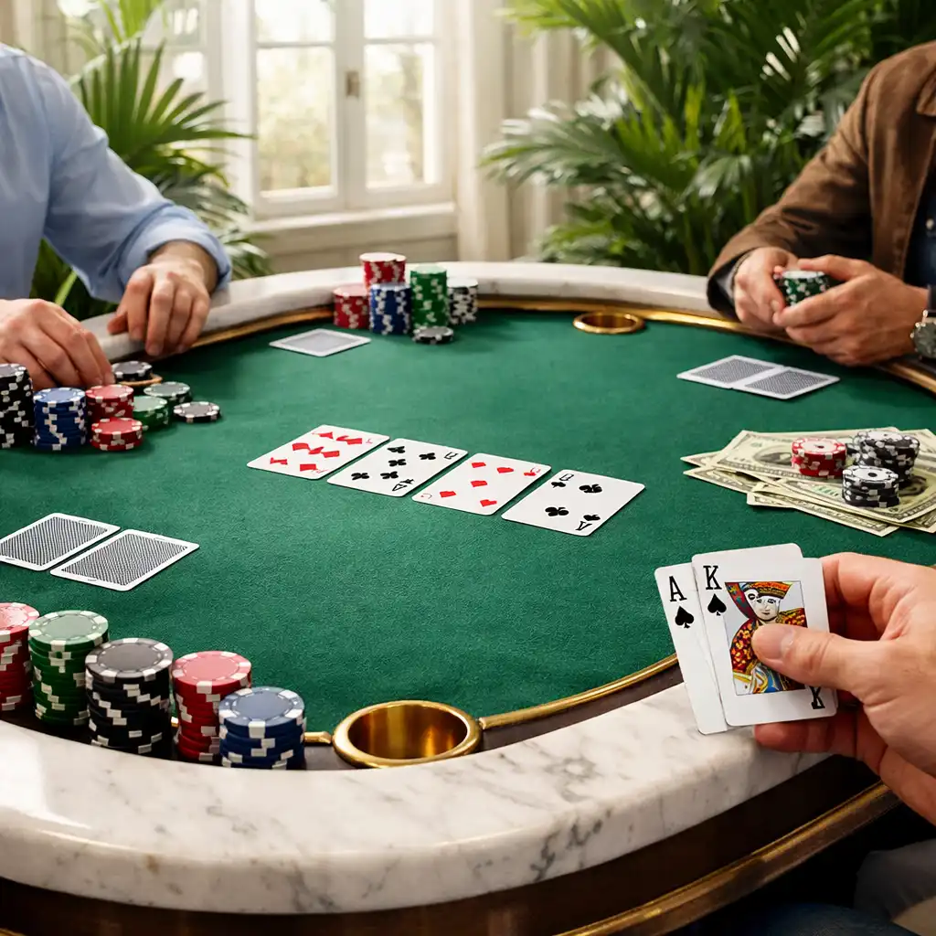 Physical poker table with white stone edges, green felt, and brass accents