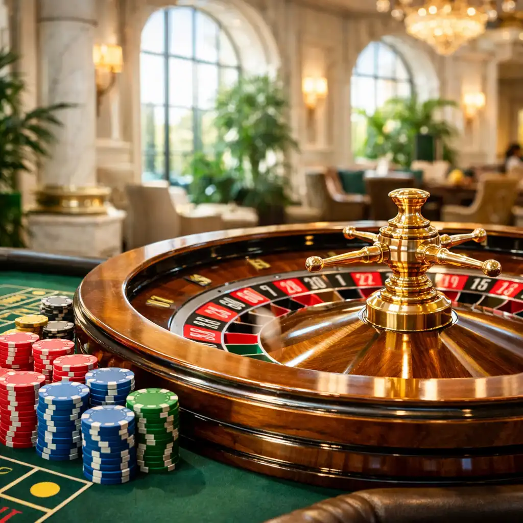 Roulette table in a bright, elegant casino setting with white stone and brass details