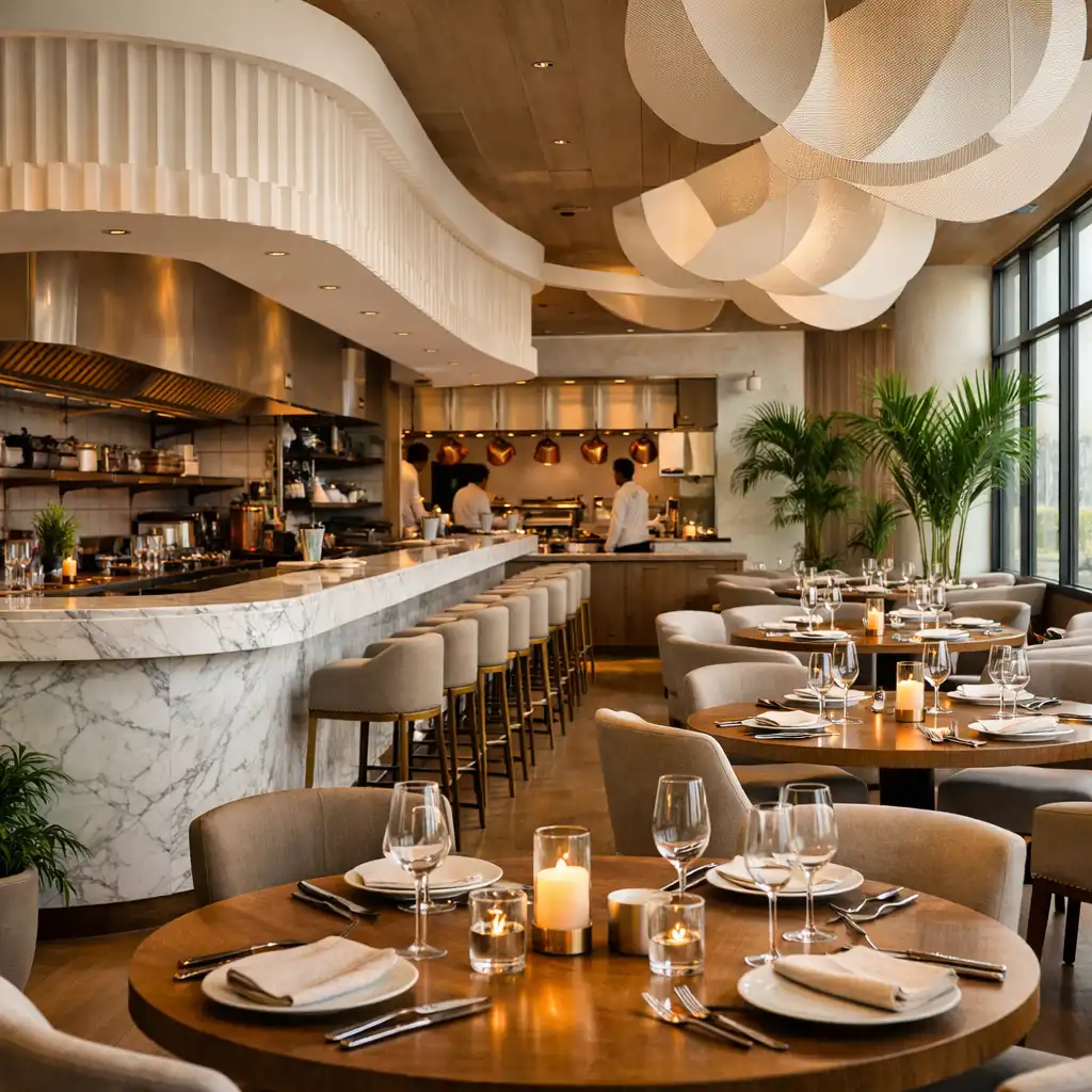 Modern restaurant interior with marble bar, open kitchen, and bright sculptural design