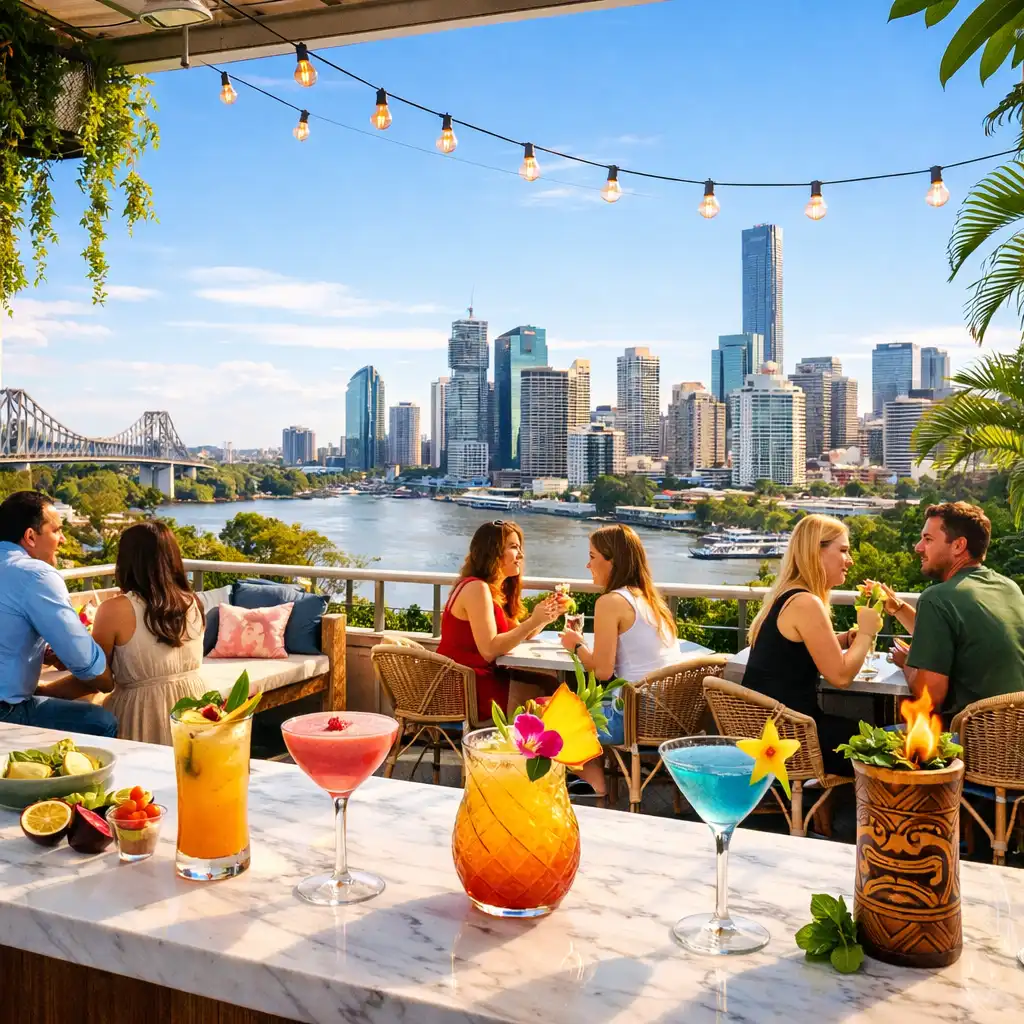 Rooftop bar and lounge with panoramic Brisbane views, cocktails, and tropical greenery
