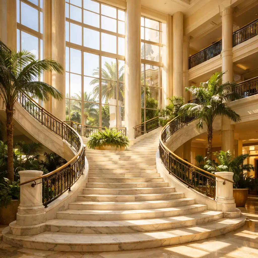 Hotel atrium with monumental marble staircase, large windows, and tropical plants