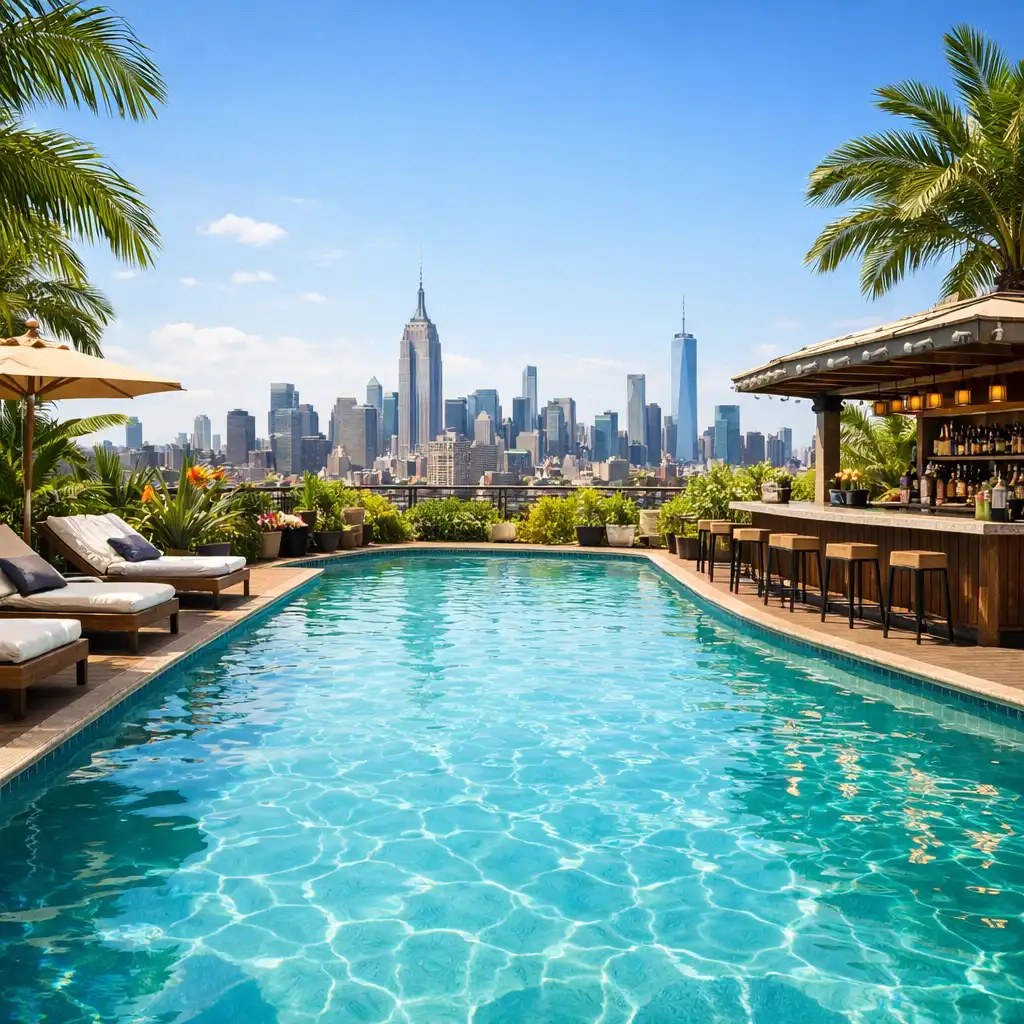 Rooftop pool with panoramic city views, tropical greenery, and sun loungers