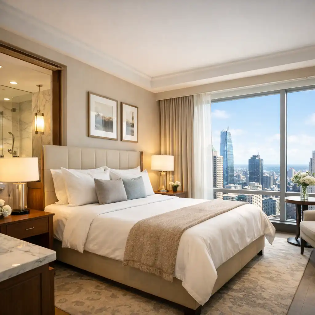 Bright hotel suite with comfortable bed, marble bathroom, and city views