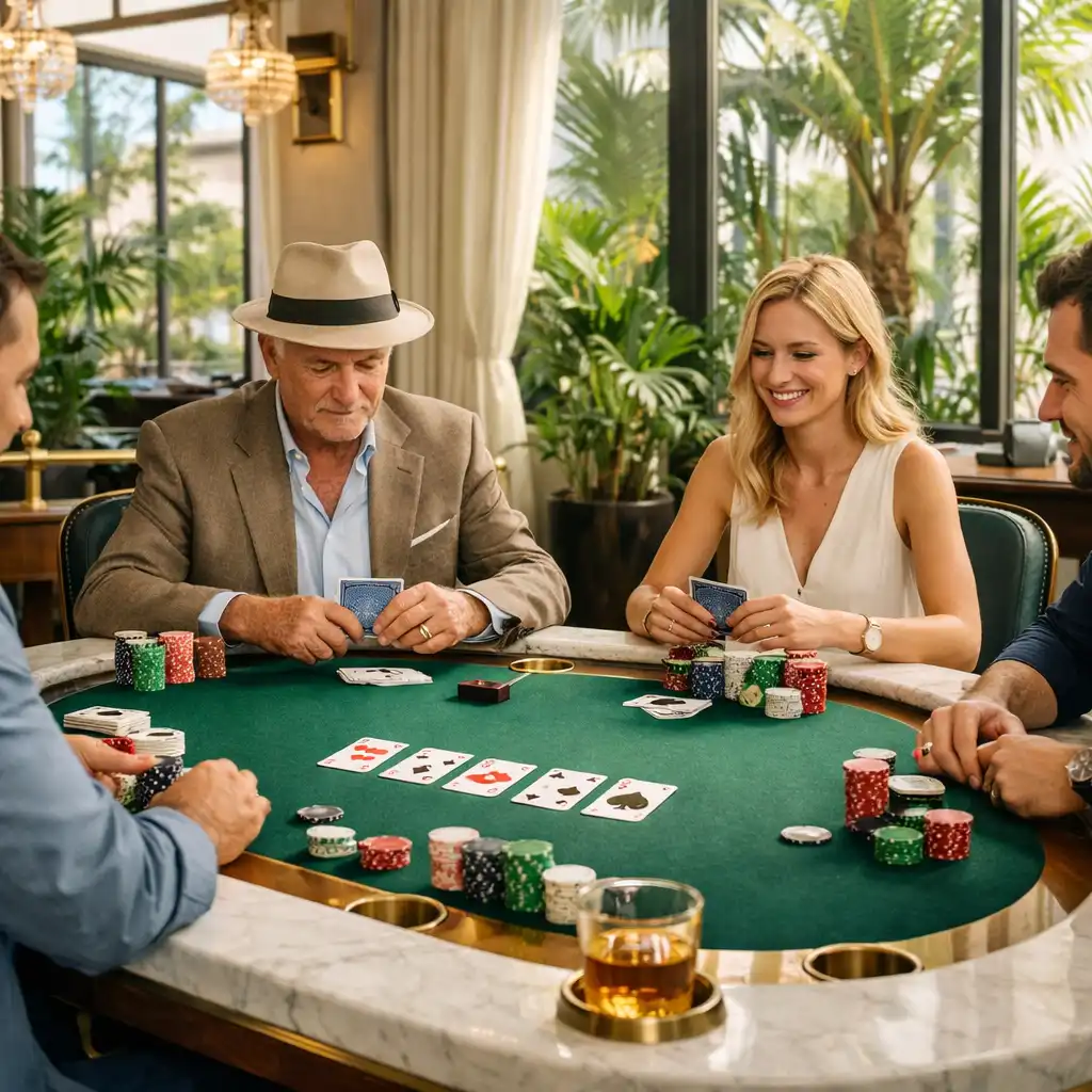 Sophisticated physical poker room with white stone tables and brass details
