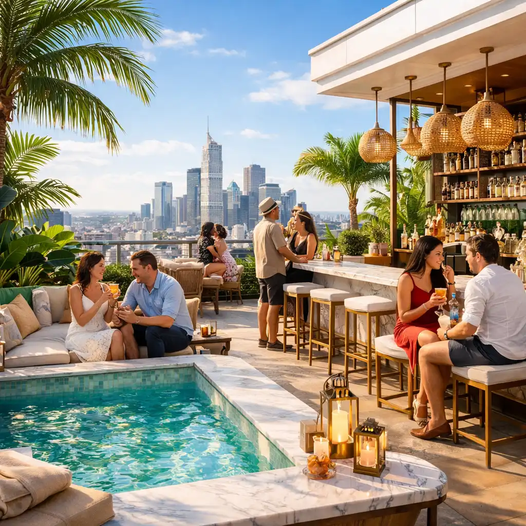 Rooftop bar and lounge with panoramic Brisbane views and tropical plants