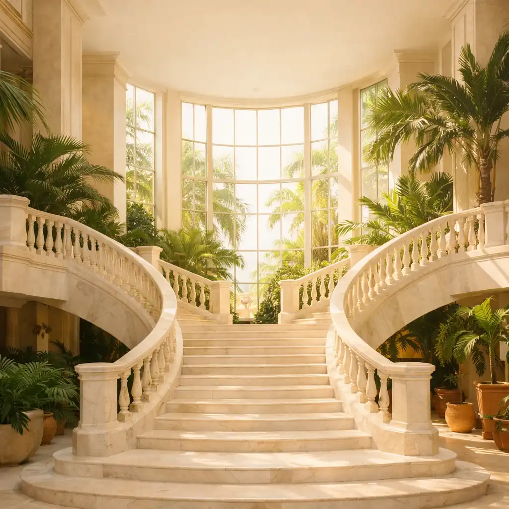 Monumental marble staircase in a bright tropical atrium with sunlight and greenery