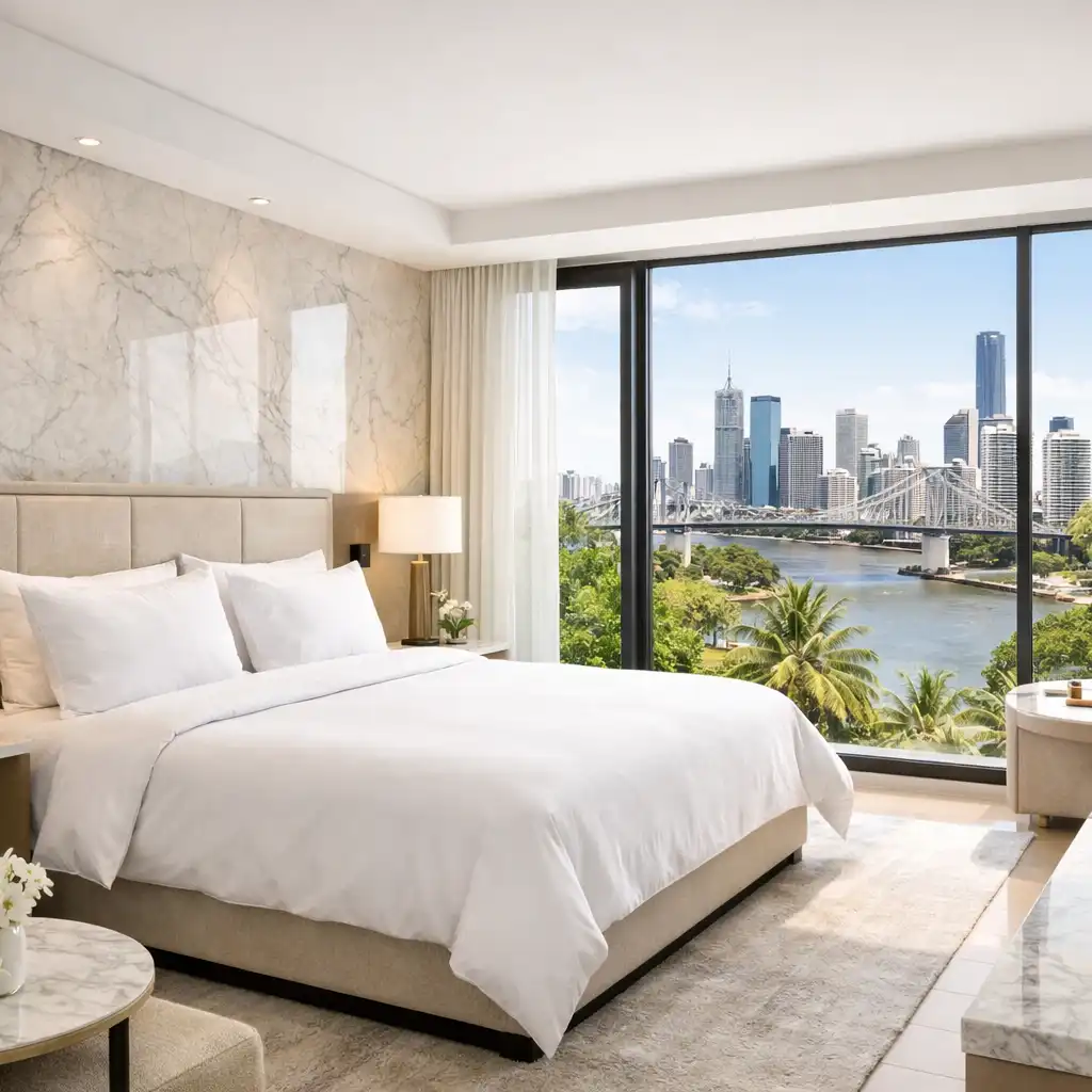 Bright hotel suite with pale marble accents and city views