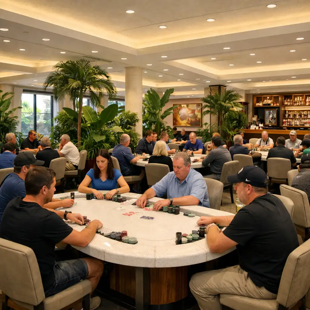 Dedicated poker room with bright lighting, white stone tables, and tropical greenery