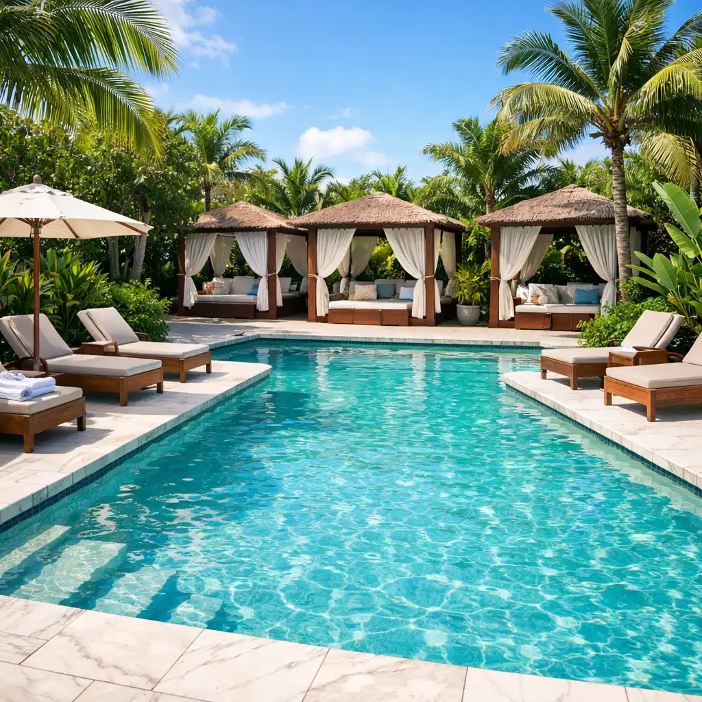 Outdoor pool surrounded by tropical greenery, sun loungers, and marble decking