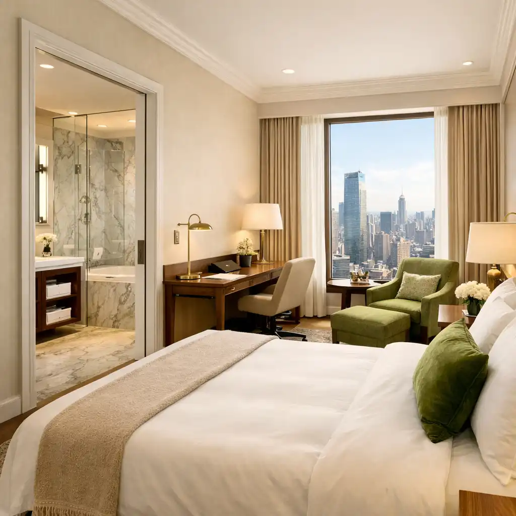 Bright deluxe hotel room with king bed, marble bathroom, and city views