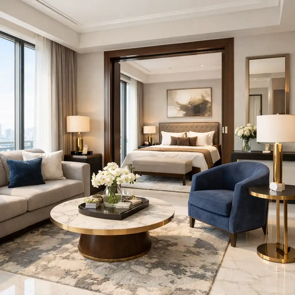 Executive suite with separate living area, premium furnishings, and large windows
