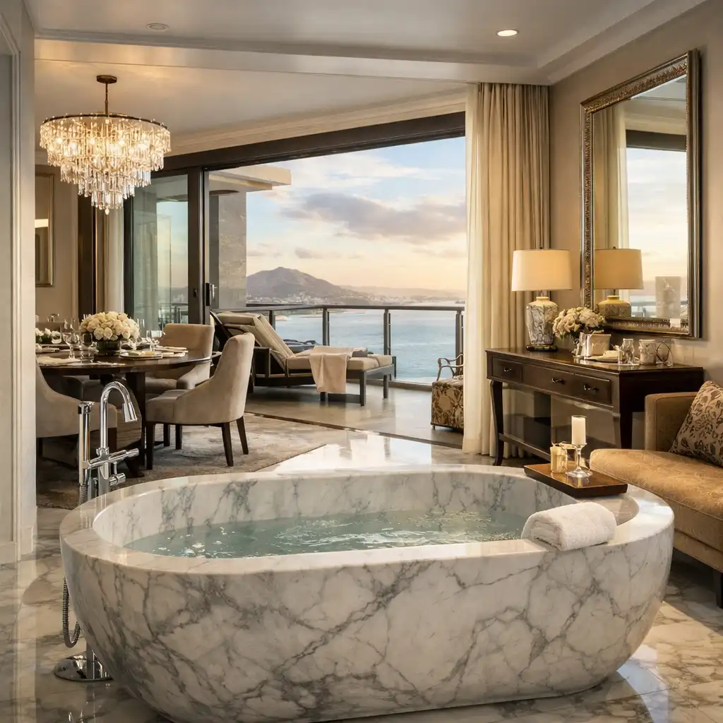 Marble Ace Suite with panoramic views, dining area, private balcony, and marble soaking tub